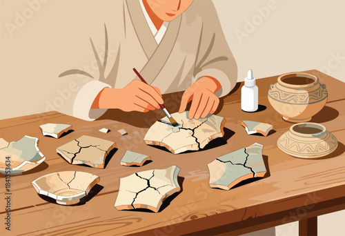 Person meticulously restoring ancient pottery shards on a wooden table