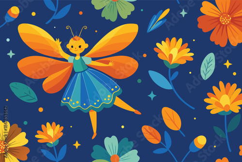 Magical fairy with vibrant wings dances amidst nature, a charming vector pattern illustration
