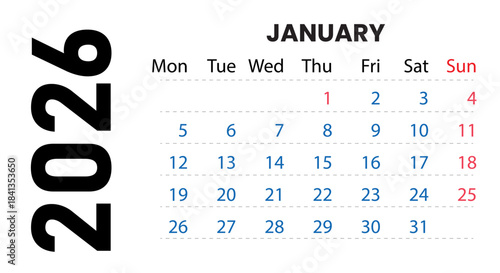2026 January month calendar template for planning and organization, monthly schedule, happy new year time management concept