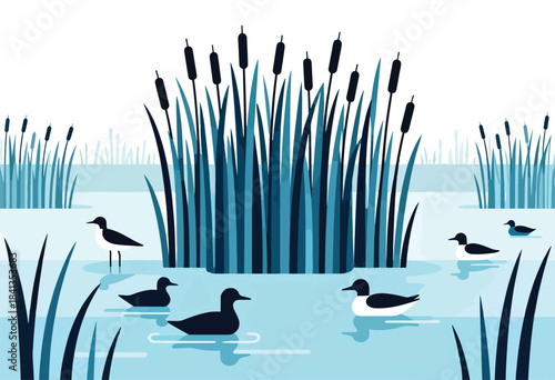 Six birds swim and stand among reeds in a tranquil, minimalist water scene