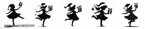 vector silhouette of a little girl dancing happily with a Christmas gift