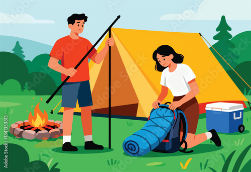 Couple setting up camp, with a tent, campfire, cooler, and backpack