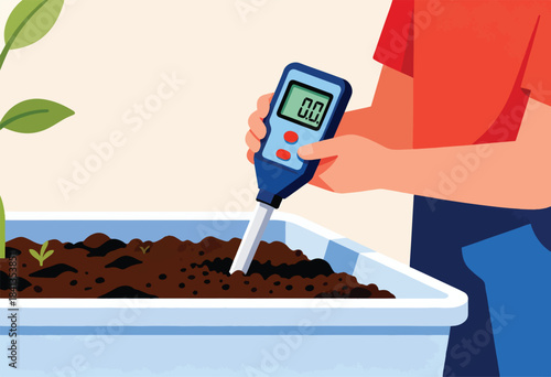 A person uses a digital meter to test the soil in a planter