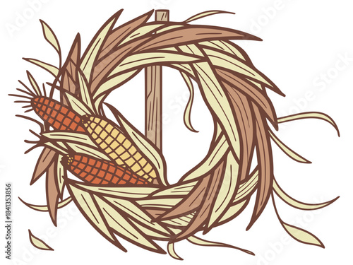 Celebrating the harvest season with a decorative vector illustration of an autumn corn wreath.