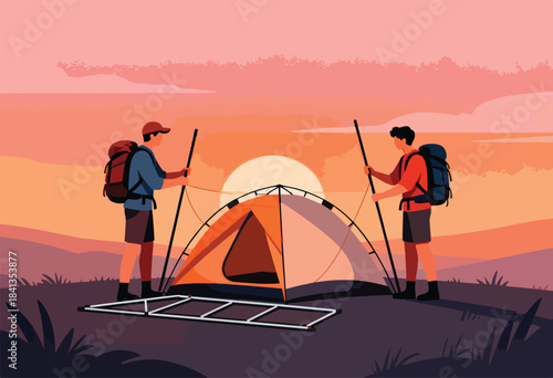 Two backpackers set up camp in front of a tent at sunset