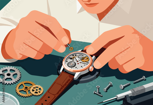 Close-up of skilled hands carefully assembling a watch movement with tiny gears