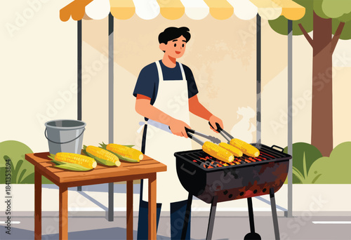 Man grills corn on the cob under a striped awning at a street vendor stall