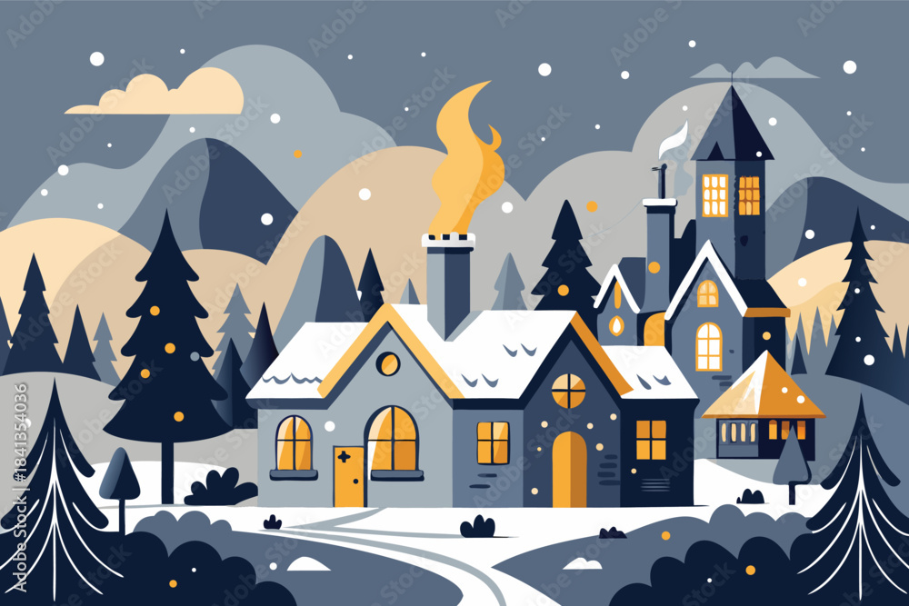 Fototapeta premium Cozy vector village illustration nestled in snowy mountains on a tranquil winter night.