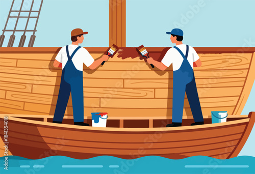 Two individuals in overalls meticulously paint a wooden boat hull in the water
