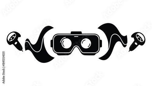 Virtual reality headset goggles with futuristic wave design elements in black and white, symbolizing innovative technology and immersive experience