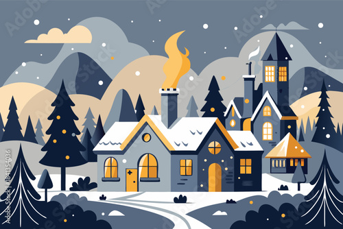 Cozy vector village illustration nestled in snowy mountains on a tranquil winter night.