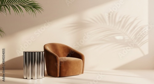 Wallpaper Mural Luxury Minimalist Interior with Mocha Mousse Velvet Chair and Chrome Table Torontodigital.ca