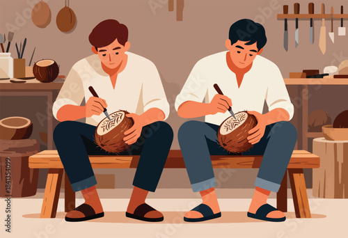Two men carving intricate designs into coconuts, surrounded by tools