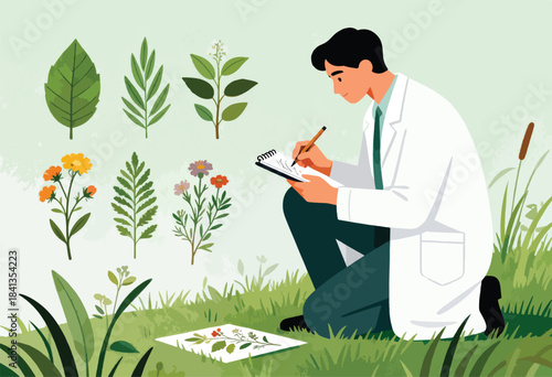 Botanist studying plants, recording observations in a notebook on a grassy field