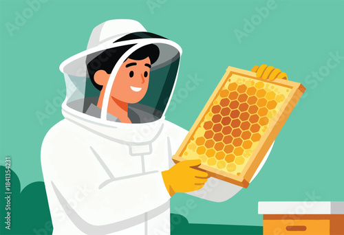 Beekeeper in protective suit holds honeycomb frame with honey