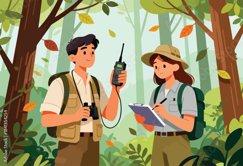 Two researchers in a forest using a radio and taking notes