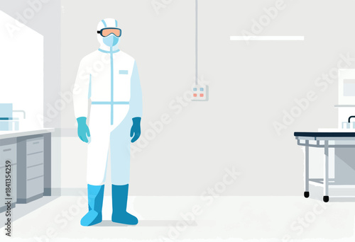 Person in protective suit stands in a laboratory setting with equipment