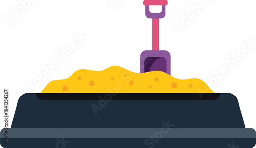 Sandbox with purple toy shovel sticking out of sand, isolated on white background