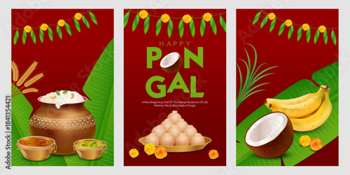 A beautifully illustrated Pongal festival vector set featuring three separate panels with traditional elements like a clay pot filled with sweet pongal, coconut halves, ripe bananas, banana leaves.