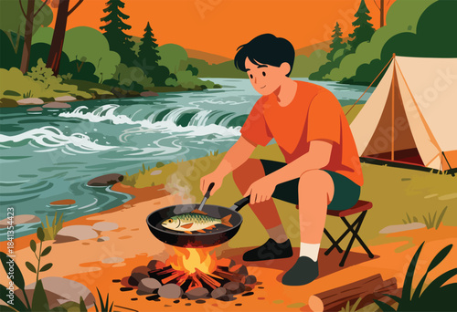 Person cooking freshly caught fish over campfire by river near tent