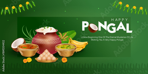 A vibrant green Pongal vector illustration showcasing a clay pot overflowing with sweet pongal, coconut halves, banana bunch, wheat, festive garlands and traditional South Indian dishes.