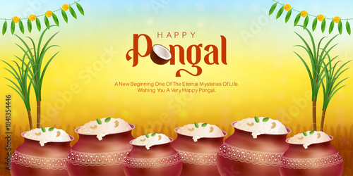 A colorful Pongal festival vector artwork featuring a row of traditional clay pots filled with sweet pongal, tall sugarcane plants, festive floral garlands and a bright gradient background.