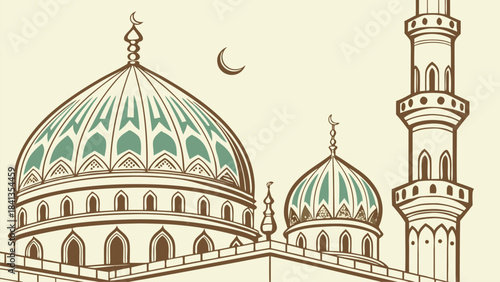 Vector illustration of mosque domes and minaret architecture detailed design, cultural heritage, Middle Eastern location, flat graphic style, close-up view