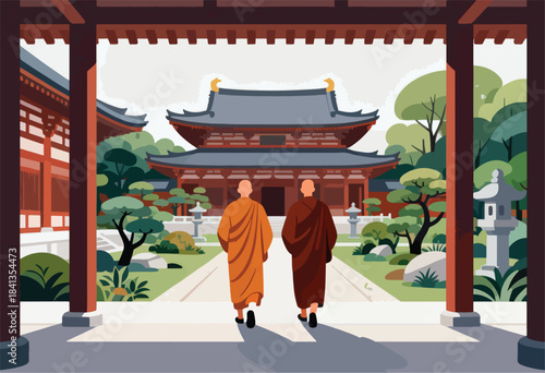 Two figures in monastic robes walk towards a temple in a serene garden