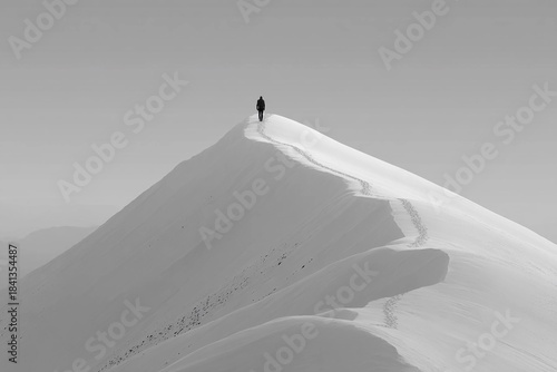 Person walks on snowy mountain peak during daytime
