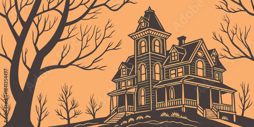 Haunted Victorian House Vector Illustration, Spooky Mansion at Twilight, Architecture Design, Graphic Art, Front View, Eerie Atmosphere, Vector Concept