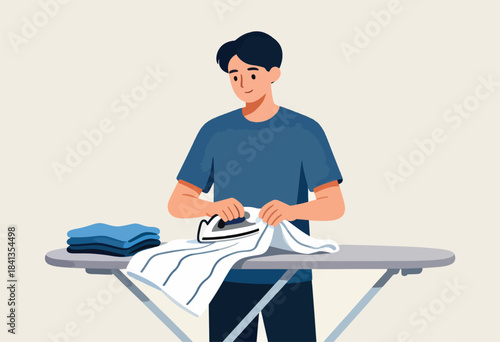 A person irons clothes on a board, with a stack of folded garments