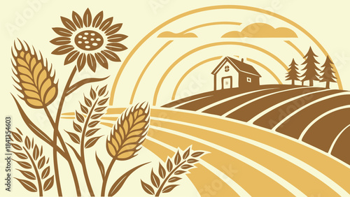 Vector farmland landscape with wheat crops, rural house, rolling hills, natural environment, graphic illustration, aerial viewpoint, agricultural concept