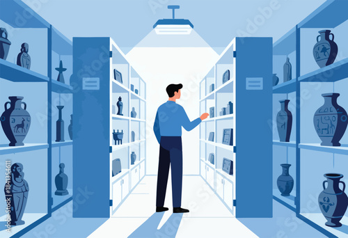 A person observes ancient artifacts displayed on shelves in a brightly lit museum