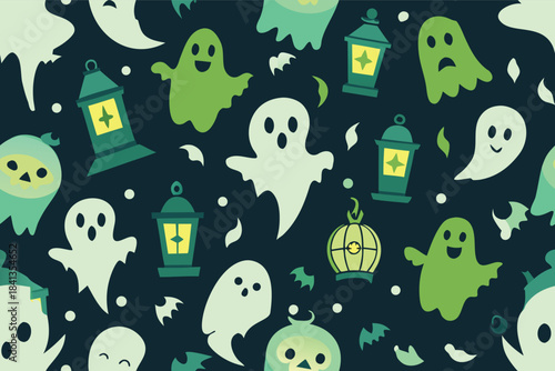 Vector Halloween ghosts and bats flying with lanterns illustration, spooky night scene, seamless pattern, graphic design, flat style, decorative Halloween concept