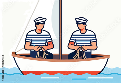 Two sailors in a boat tie ropes, with sails visible above