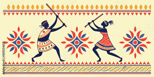 Vector art depicting tribal warriors in traditional attire performing combat action with spears in a cultural style pattern on a decorative background