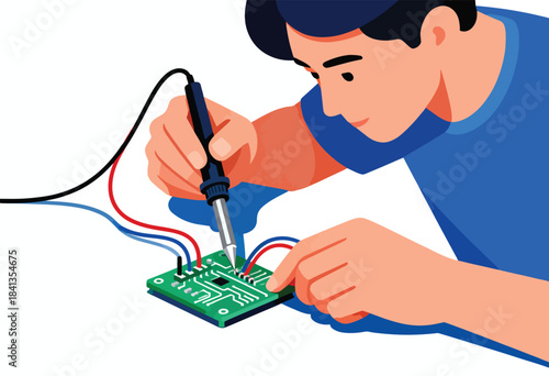 Person soldering electronic circuit board with wires