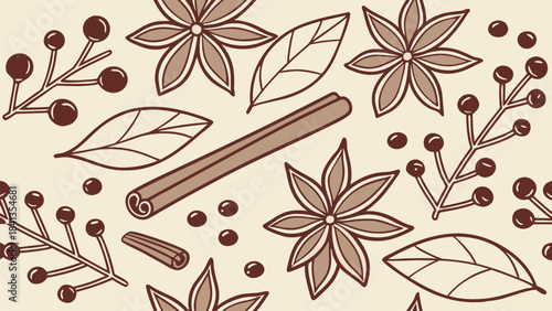 Vector seamless pattern of star anise, cinnamon sticks, cloves, and leaves in brown tones, flat lay, graphic design, natural spice elements, decorative background