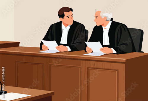 Two individuals in judicial robes examine papers at a wooden desk