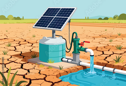 Solar-powered pump drawing water from a source in a dry, cracked landscape