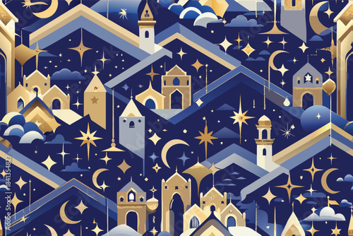 Vector illustration of starry night cityscape, buildings and hills, nighttime, seamless pattern design, isometric view, magical urban environment