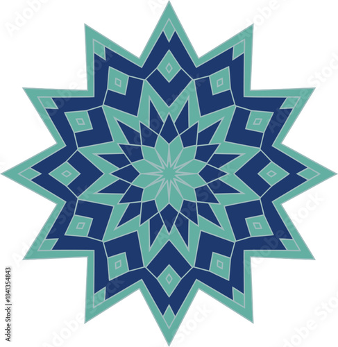 Geometric starburst pattern in teal and navy blue with diamond accents vector