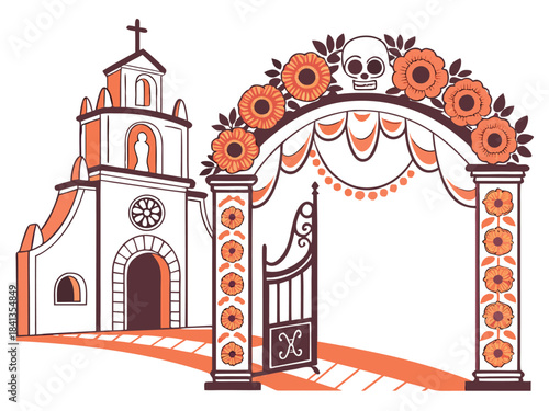 Vector illustration of Day of the Dead altar arch and historic church showcasing vibrant cultural architecture and festive floral decoration from front view