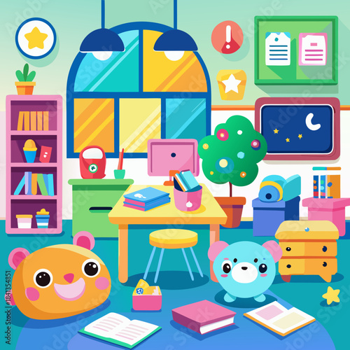Colorful Cute Kids Study Room Illustration