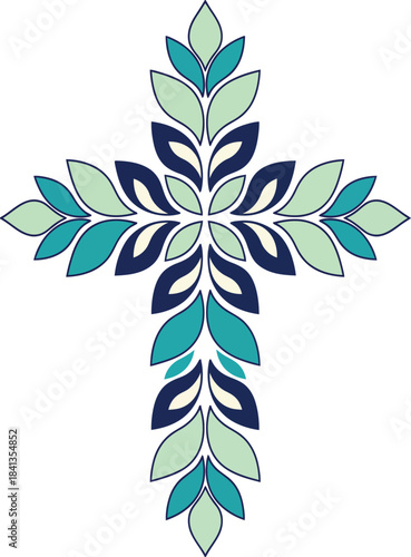 Green and Teal Leafy Cross Religious Symbol Vector Art christianity faith