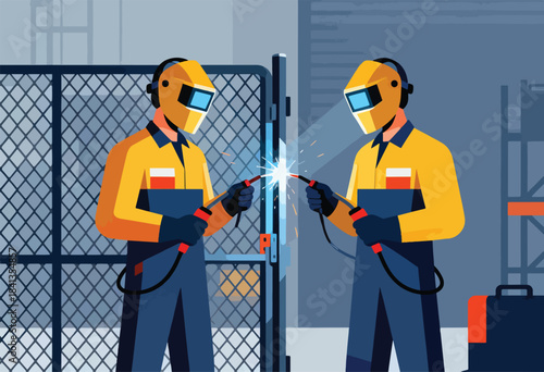 Two industrial workers in protective gear welding a gate in an outdoor area