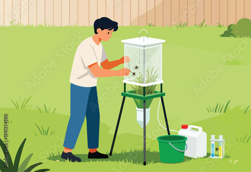 Person collecting insects in a garden with specialized equipment and specimens