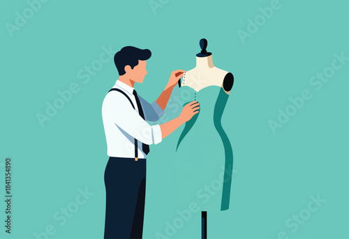 Mannequin draped in a turquoise dress, with a man adjusting buttons