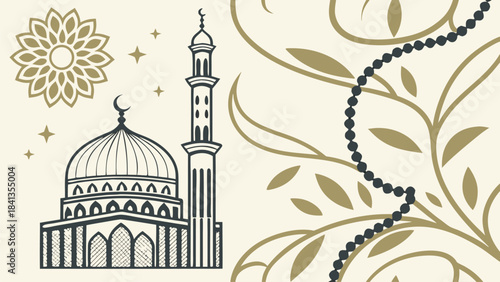 Vector Islamic mosque illustration with floral pattern background, culture design, decorative art, elegant architecture, and spiritual symbolism in graphic style