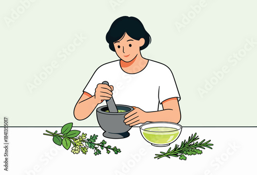 Person preparing herbs in a mortar and pestle with a bowl of liquid